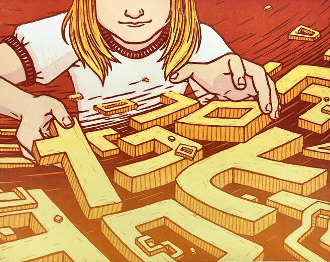 "Building Blocks" Woodblock Print, 2020, 11"x14"